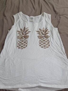 PINK Victoria's Secret White Tank with Gold Sequin Pineapples